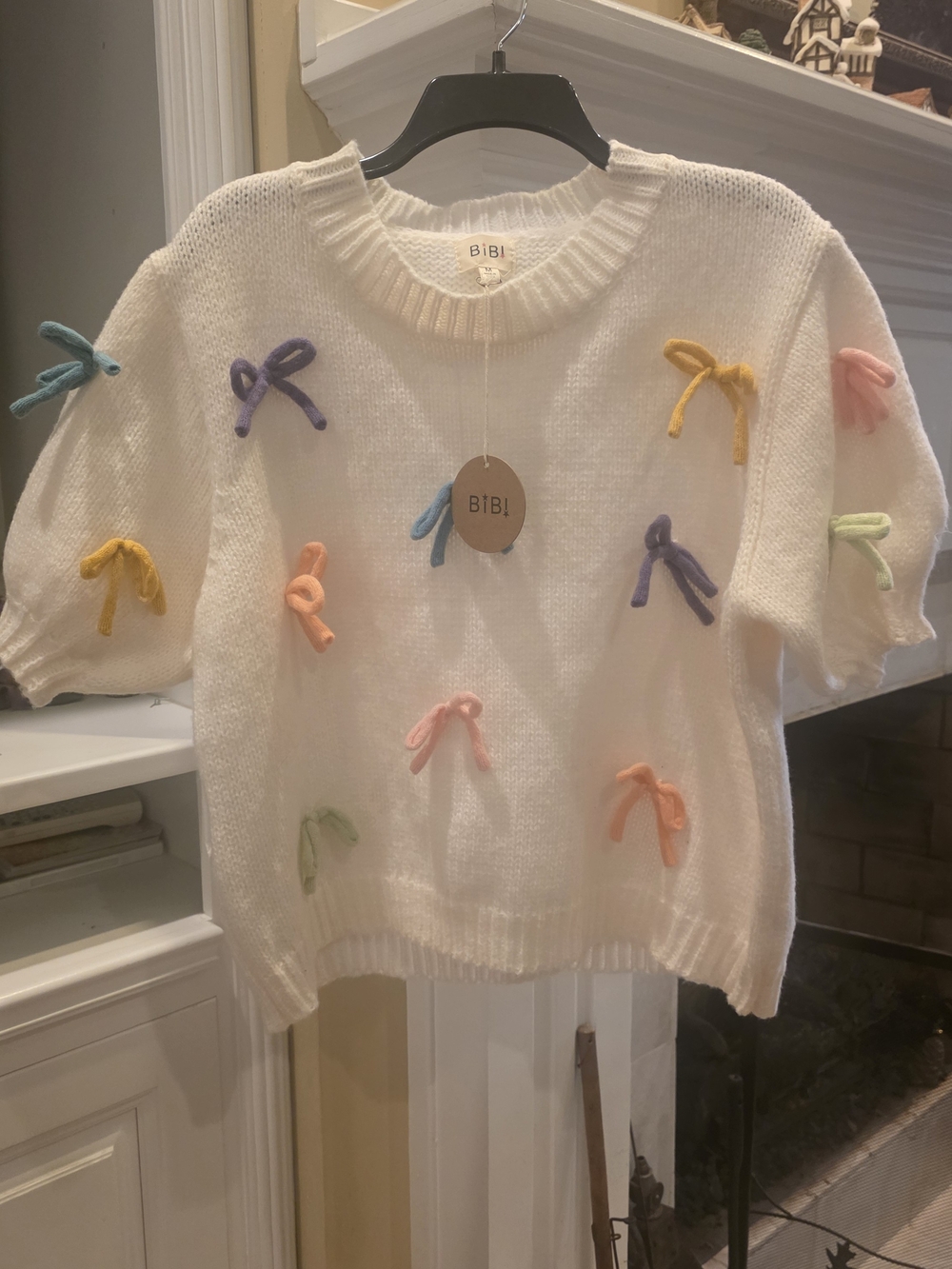 BiBi White Crewneck Sweater with Pastel Bow Accents